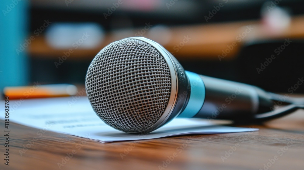 Close-up of a microphone on a table. Close-up of a microphone on a table.
