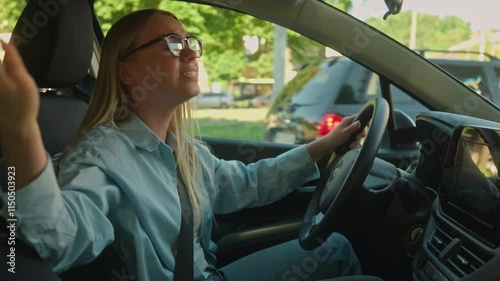 Caucasian woman driver car automobile auto transport vehicle quarrel conflict road traffic jam shouting scream arguing female angry girl businesswoman business city misunderstanding honk talk accident