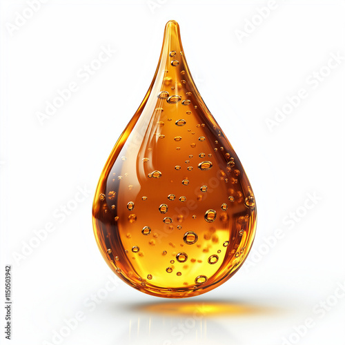 Yellow oil drop small bubbles on a white background