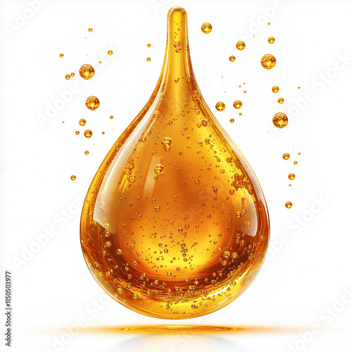 Yellow oil drop with bubbles white background