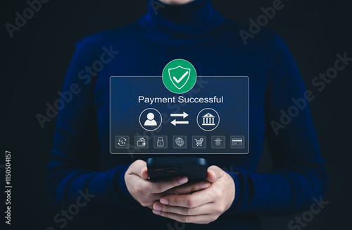 Successful payment confirmation in online digital banking. A person holds smartphone displaying Payment Successful message, with icons representing online transactions, financial technology, fintech,