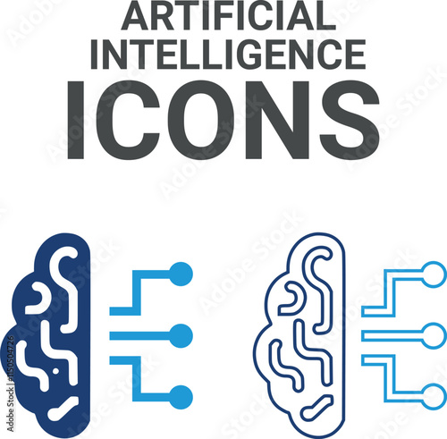 Artificial intelligence icons. Containing the mind, brainstorming, head, neuron, cognition, thinking, intelligence and more. Solid vector icons collection.