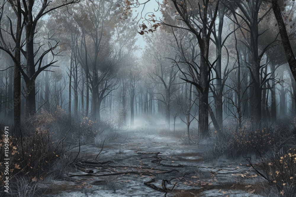 Fototapeta premium A forest with snow on the ground and trees