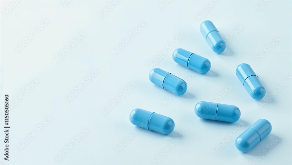 Tablets in close-up, top view, flat lay. Blue capsules with medicine on blue background. Pills scattered on table. Banner with copy space for text Tablets in close-up, top view, flat lay. Blue capsules with medicine on blue background. Pills scattered on table. Banner with copy space for text