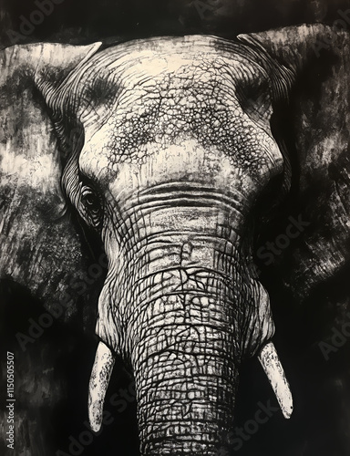 A dramatic black-and-white closeup of an elephant, emphasizing its deeply wrinkled skin, tusks, and powerful presence on a dark background. photo