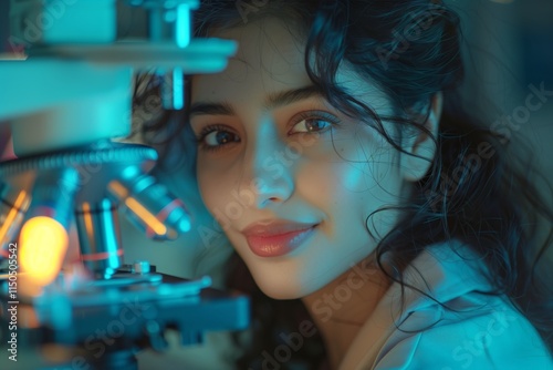 A thoughtful scientist smiles while examining specimens under a microscope in a vibrant laboratory setting. photo