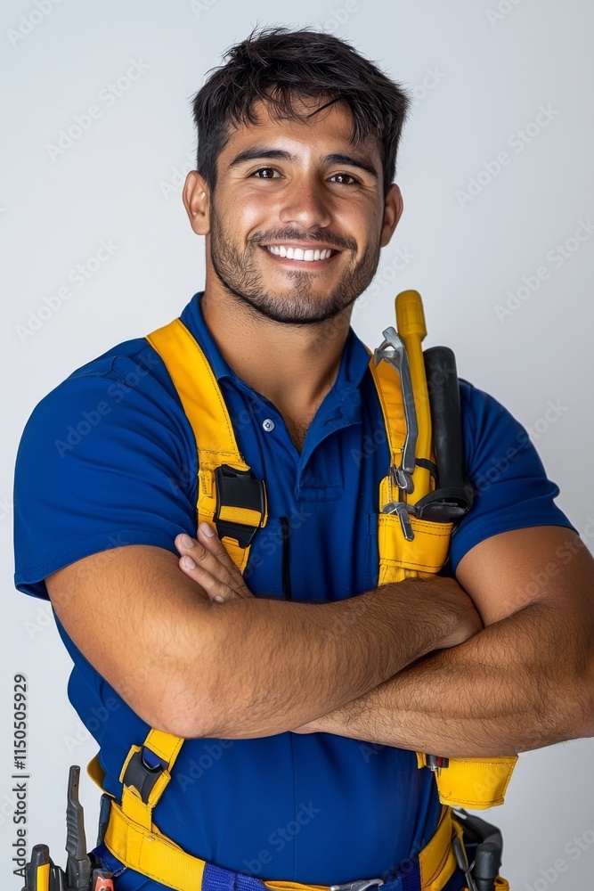 Smiling construction worker poses confidently in safety gear against a plain background in a studio setting Smiling construction worker poses confidently in safety gear against a plain background in a studio setting