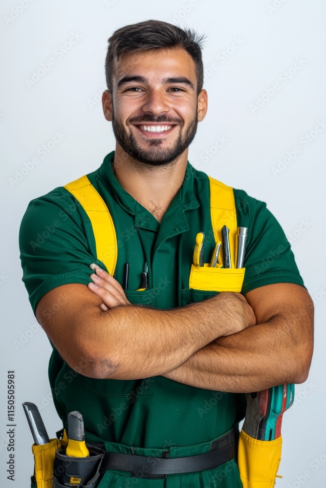 Skilled worker in uniform smiling with tools ready for any repair task in a bright workspace Skilled worker in uniform smiling with tools ready for any repair task in a bright workspace