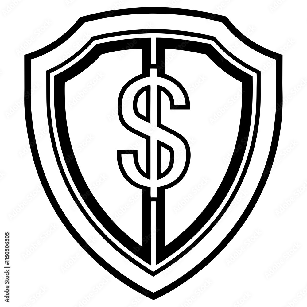 Minimalist Modern Geometric Shield Logo with Dollar Sign, Navy Blue, Silver, and White Line Art Minimalist Modern Geometric Shield Logo with Dollar Sign, Navy Blue, Silver, and White Line Art
