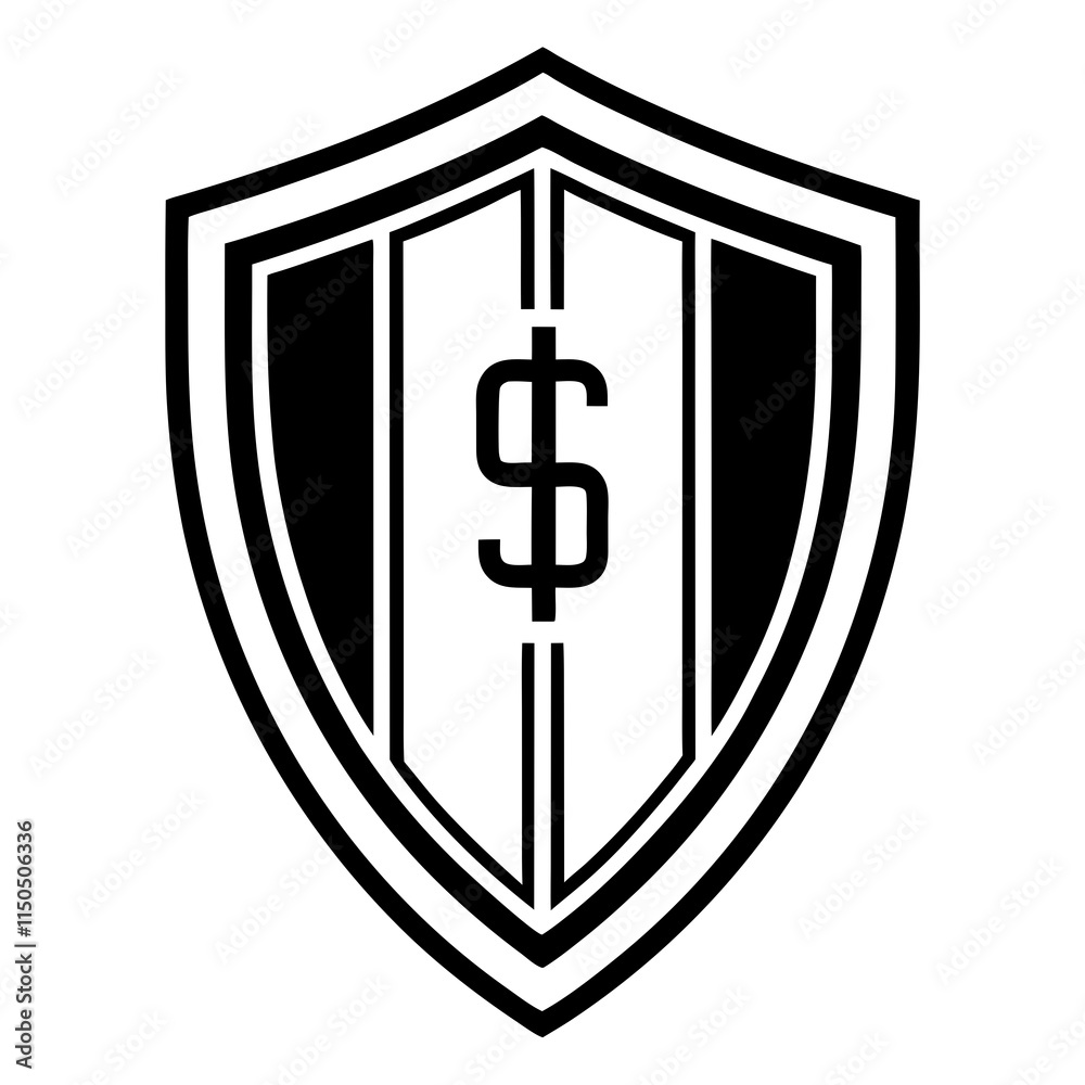 Minimalist Modern Geometric Shield Logo with Dollar Sign, Navy Blue, Silver, and White Line Art Minimalist Modern Geometric Shield Logo with Dollar Sign, Navy Blue, Silver, and White Line Art
