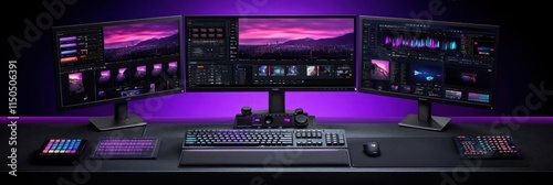 Triple monitor video editing setup with keyboard, mouse, and control panels on a dark desk.