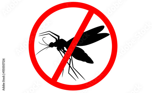No mosquito fly. Anti gnat or stop midge vector icon, insect repellent spray sign, bite forbidden red cross circle, insects danger and control warning symbol with mosquitoes silhouette