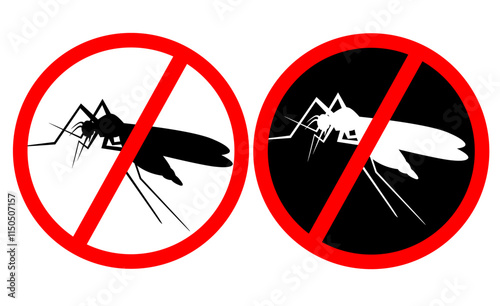 No mosquito fly. Anti gnat or stop midge vector icon, insect repellent spray sign, bite forbidden red cross circle, insects danger and control warning symbol with mosquitoes silhouette