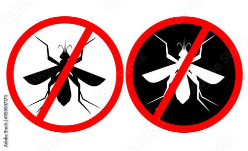 No mosquito fly. Anti gnat or stop midge vector icon, insect repellent spray sign, bite forbidden red cross circle, insects danger and control warning symbol with mosquitoes silhouette