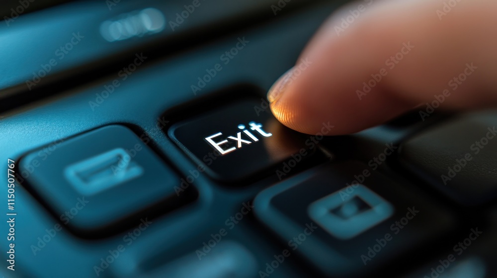 Close-up of finger pressing illuminated 'Exit' button on dark control panel. Close-up of finger pressing illuminated 'Exit' button on dark control panel.