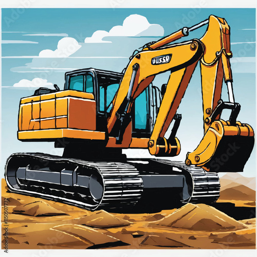 Heavy Machinery in Action: Excavator, Bulldozer, and Digger Equipment Working on Construction Site, Digging and Moving Dirt for Road Building and Industrial Excavation with Yellow Vehicles and Hydra