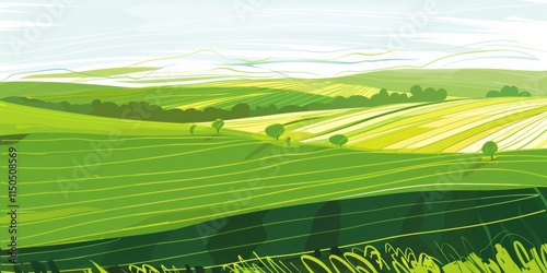 Vibrant Abstract Spring Landscape With Rolling Green Fields and Serene Horizon