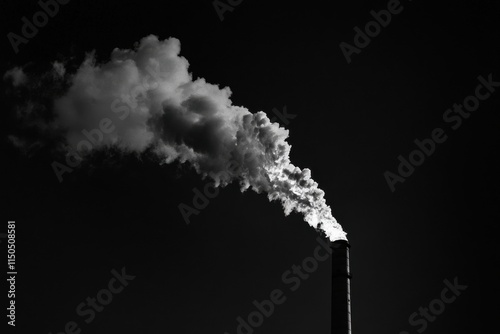 Low Angle Shot of Single Industrial Smokestack Emitting Dark Smoke Against a Plain Sky with Atmospheric Lighting for Dramatic Effect photo