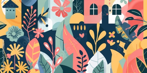Geometric Abstract Plants and Houses in Vibrant Nature Inspired Landscape Design