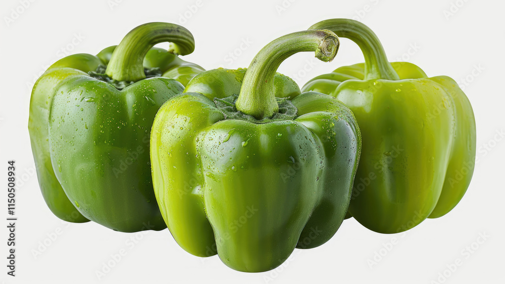 Fresh green bell peppers with water droplets on white background Fresh green bell peppers with water droplets on white background