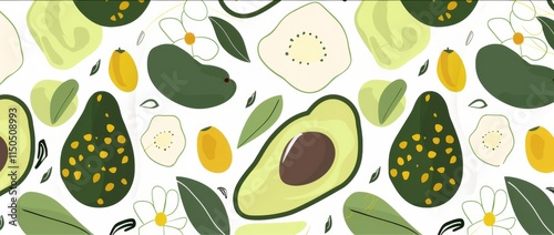Geometric Avocado Icon With Silhouettes of Fruit Seeds Flowers and Leaves