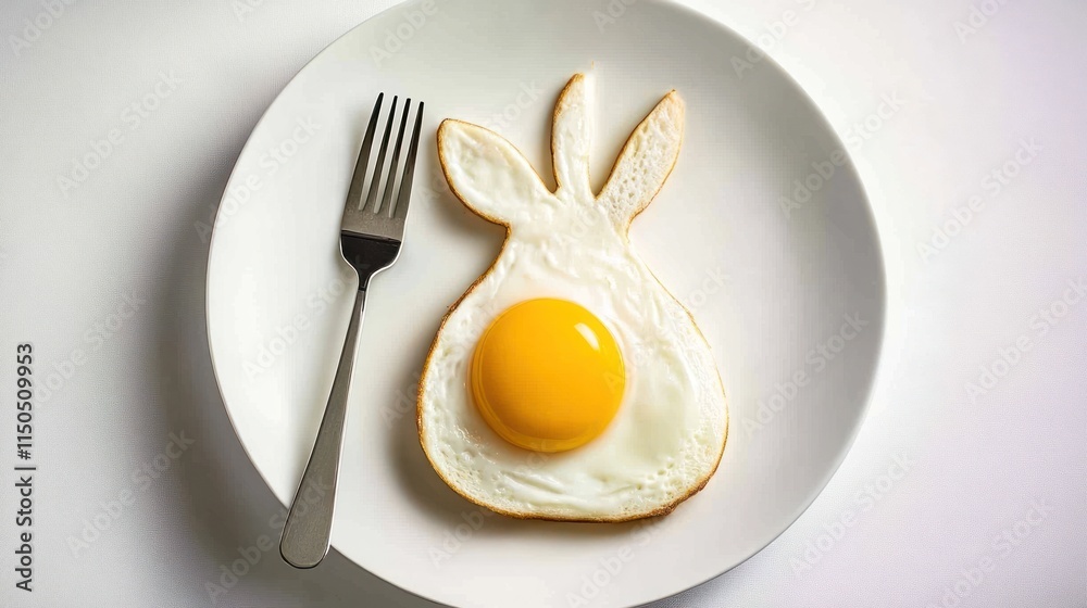 Fried egg shaped as Easter bunny on a plate with fork. Fried egg shaped as Easter bunny on a plate with fork.