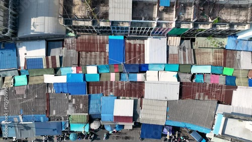 Aerial View Maeklong Railway Market (Talad Rom Hub) Samut Songkhram Thailand Asia. photo