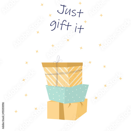 Gift boxes in flat style. Christmas minimalist card. Boxes in package. Postcard. Gifts. Holiday.