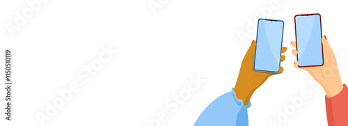 Banner with several hands holding smartphones with blank screens. Chatting. Exchange numbers, communicate on social networks. Mobile photography.
