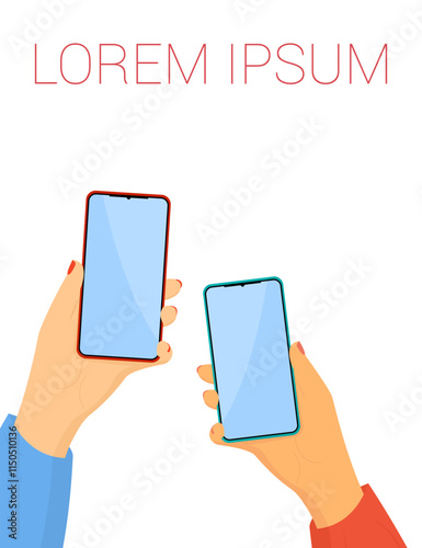 Banner with several hands holding smartphones with blank screens. Chatting. Exchange numbers, communicate on social networks. Mobile photography.