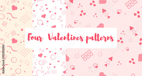 Set of three patterns with geometric elements and hearts. Patterns in retro colors. Abstract background. Valentine's Day. Pattern on different backgrounds. Fabric, paper, packaging, wrapping, etc.