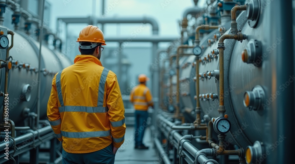 Fototapeta premium Biofuel Refinery Workers Monitoring Production Tanks