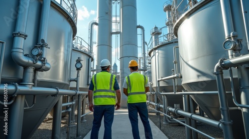 Biofuel Refinery Workers Monitoring Production Tanks