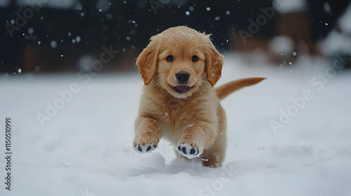 A playful golden retriever puppy bounding in the snow before sitting to face the lens with a wagging tail. photo