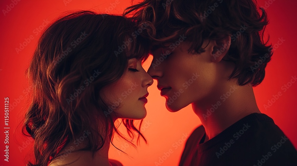 the red background with a romantic couple in silhouette. the red background with a romantic couple in silhouette.