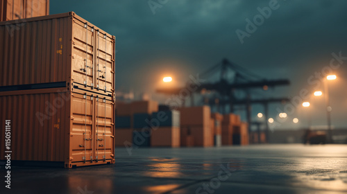 Stacked cargo containers at twilight, a dramatic scene of global trade under a moody sky.  Industry's quiet strength. photo