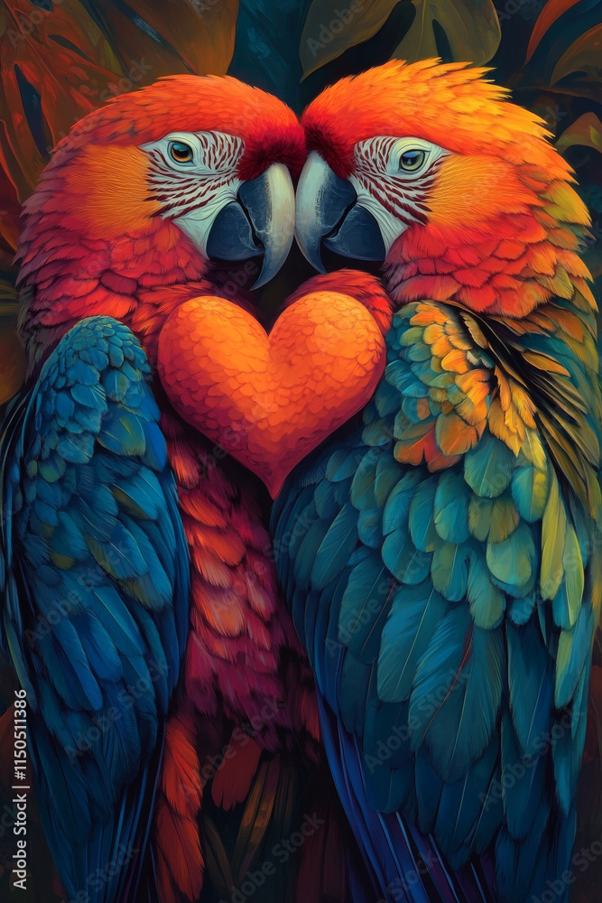 Fototapeta premium Colorful macaws express love on Valentine's Day with a heart symbol in a vibrant jungle setting