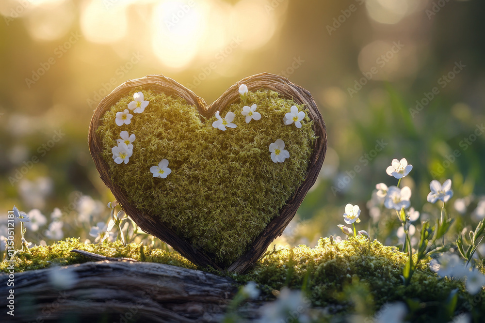 Fototapeta premium Heart shaped moss decoration with flowers surrounded by greenery on a sunny Valentine's Day