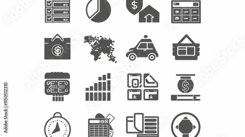 Diverse Finance Icons Representing Various Financial Activities and Goals in a Solid Design