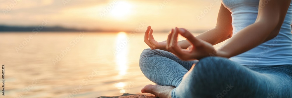 Woman meditating by tranquil lake at sunset. Woman meditating by tranquil lake at sunset.