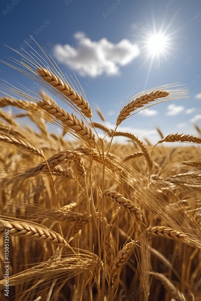 Golden Wheat Field: A close-up of golden wheat swaying in the wind under a blue sky.
Golden Wheat Field: A close-up of golden wheat swaying in the wind under a blue sky.