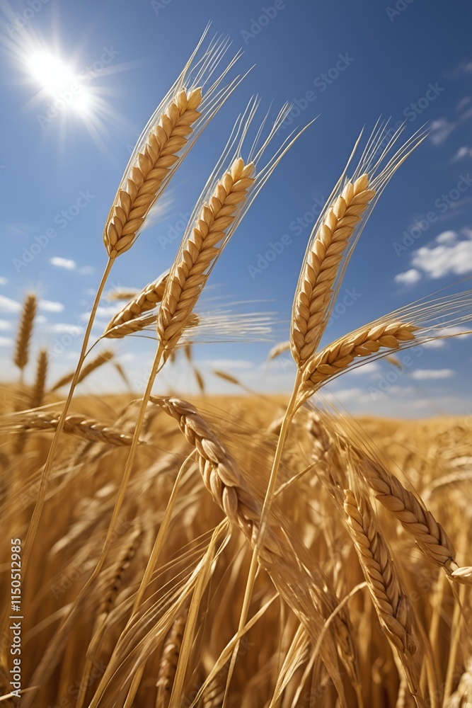 Golden Wheat Field: A close-up of golden wheat swaying in the wind under a blue sky.

