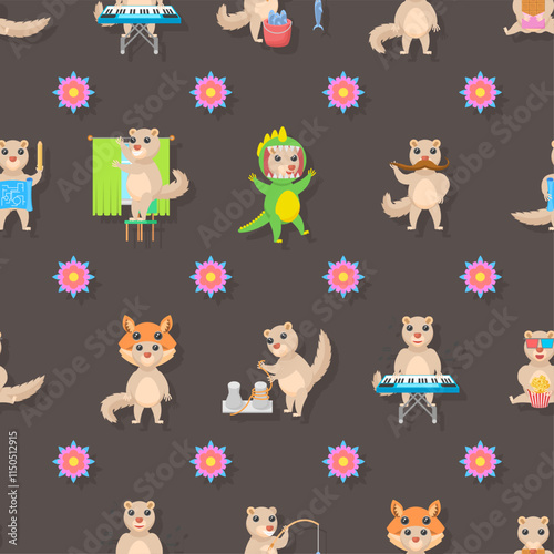 Seamless Pattern Abstract Elements Different Animal Tupaia Wildlife Vector Design Style Background Illustration Texture For Prints Textiles, Clothing, Gift Wrap, Wallpaper, Pastel