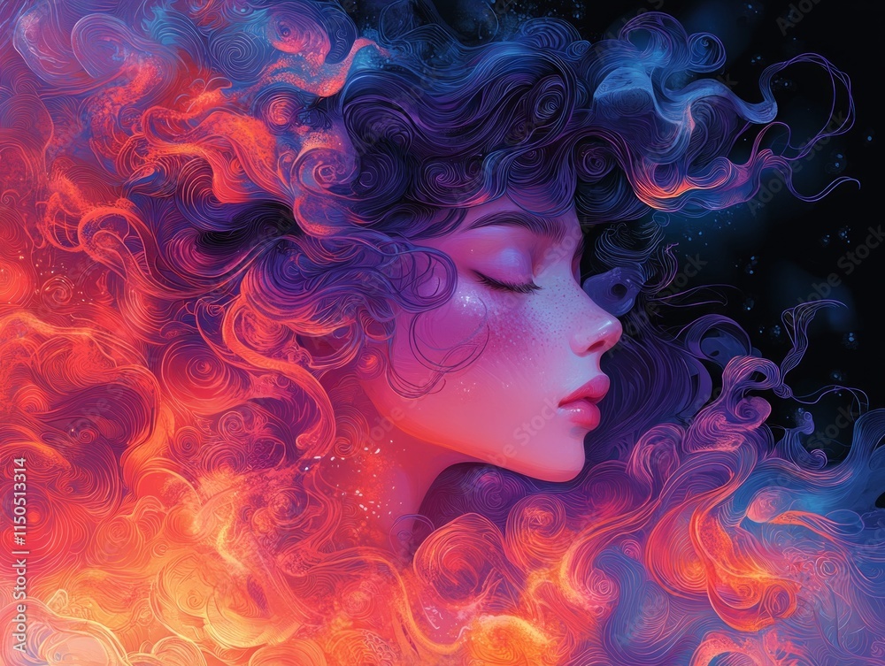 captivating illustration features person's head surrounded dynamic swirling abstract designs embodying struggle overwhelming thoughts. captivating illustration features person's head surrounded dynamic swirling abstract designs embodying struggle overwhelming thoughts.