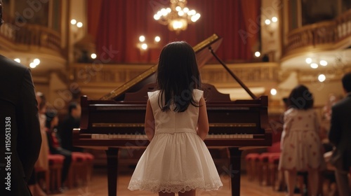 Young girl in white dress preparing to play piano in a grand concert hall.