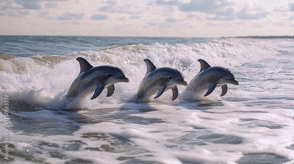Fototapeta premium Dolphins leaping out of the ocean.