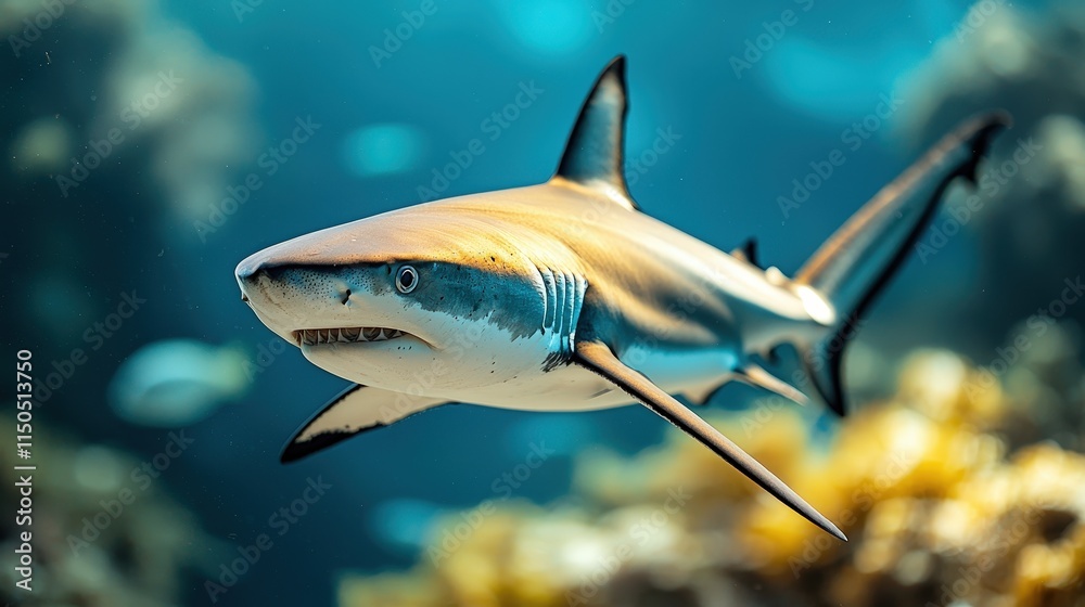 Naklejka premium Majestic shark gliding through vibrant coral reef underwater scene