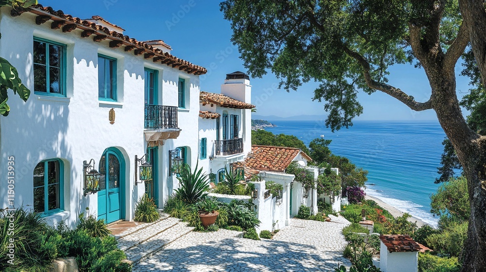 Fototapeta premium Spanish-style homes overlooking the ocean.