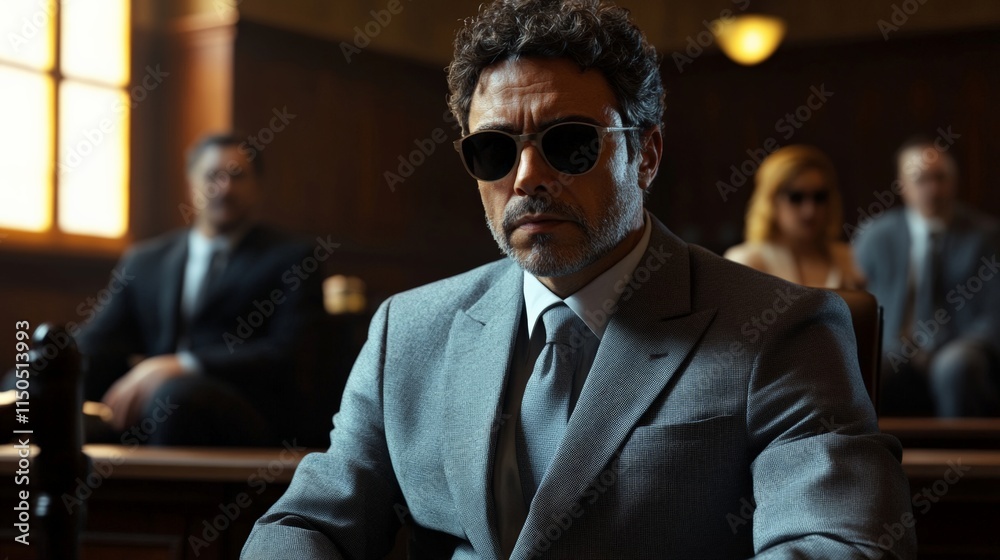 A serious man in a suit wearing sunglasses sits in a courtroom, focused and poised during a trial scene. A serious man in a suit wearing sunglasses sits in a courtroom, focused and poised during a trial scene.