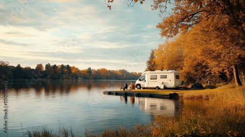 A peaceful riverside camping scene with an RV by the water in autumn colors, perfect for outdoor adventure and relaxation.